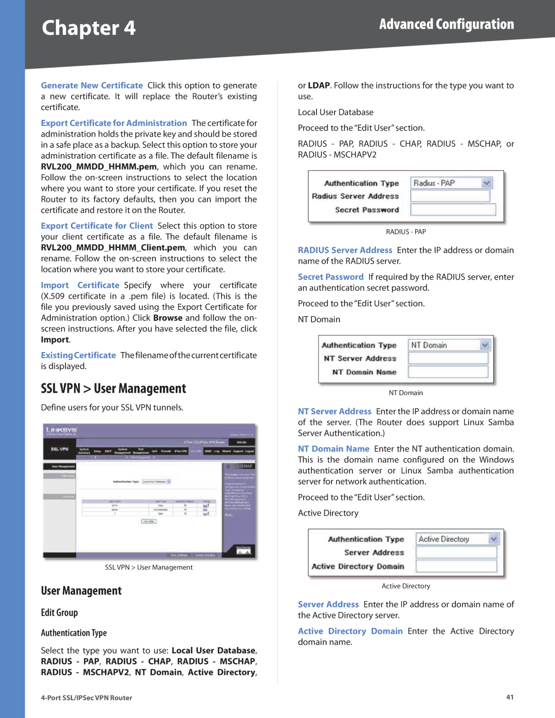 Cisco Systems RVL200 manual SSL VPN User Management, Edit Group, Authentication Type 