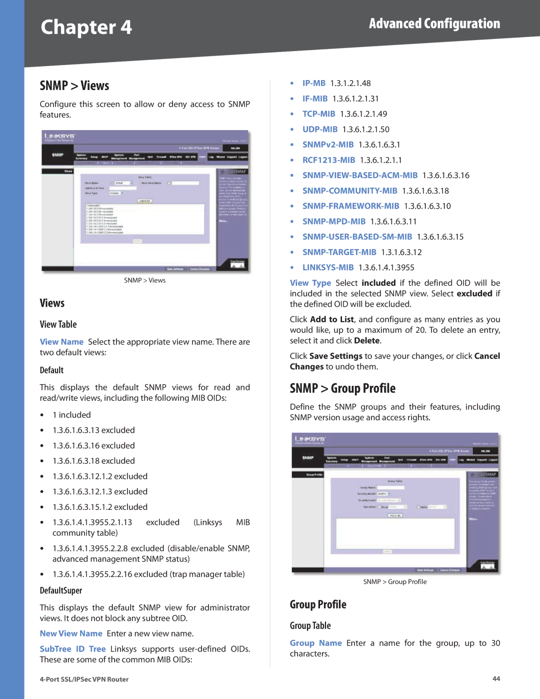 Cisco Systems RVL200 manual Snmp Views, Snmp Group Profile 