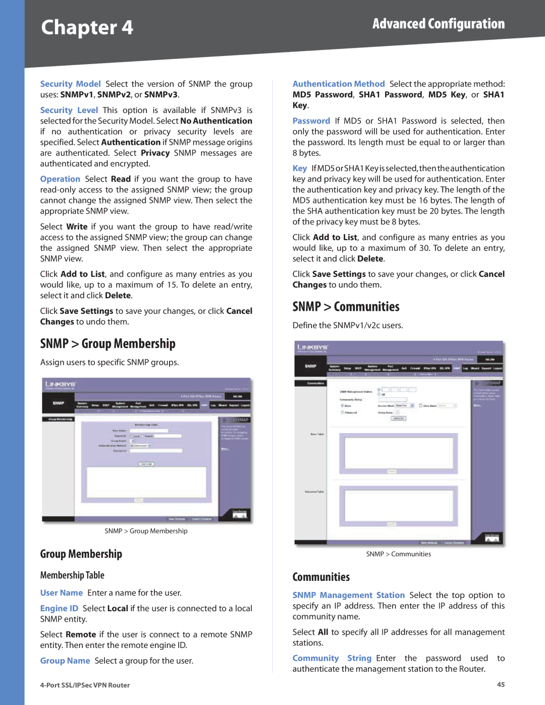 Cisco Systems RVL200 manual Snmp Group Membership, Snmp Communities, Membership Table 