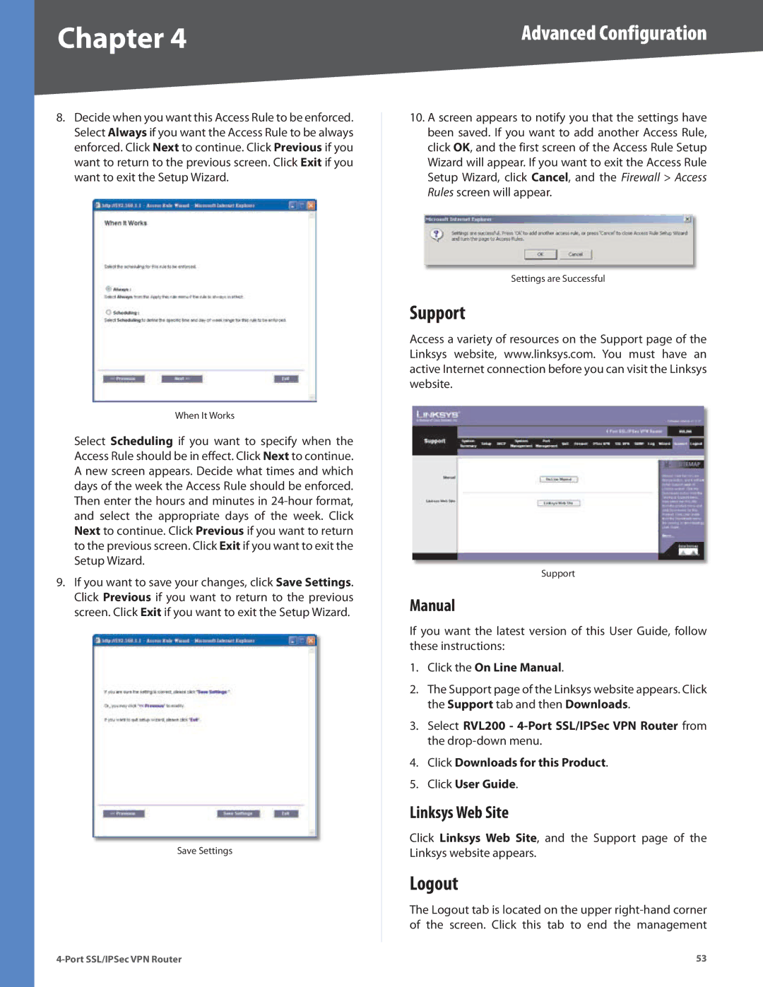 Cisco Systems RVL200 manual Support, Logout, Linksys Web Site, Click the On Line Manual 