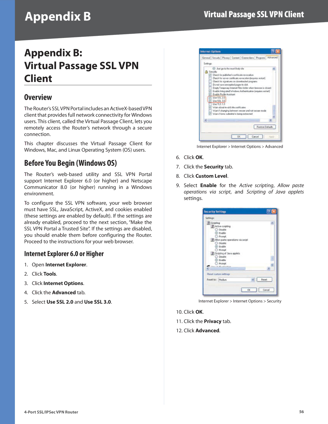 Cisco Systems RVL200 manual Appendix B Virtual Passage SSL VPN Client, Before You Begin Windows OS 