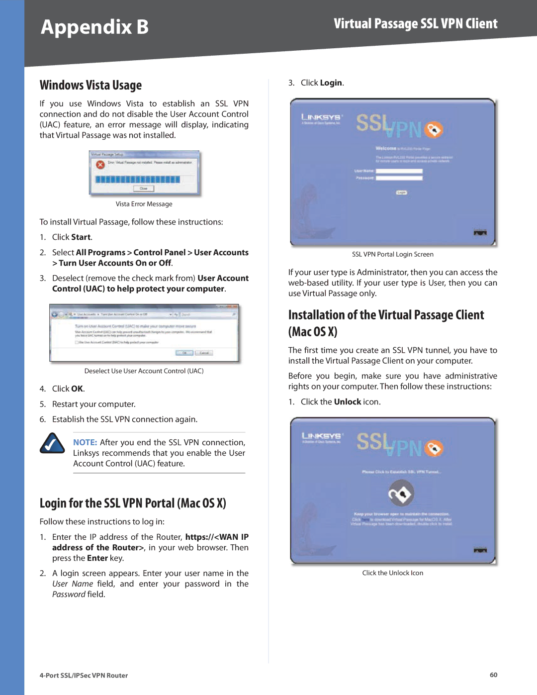 Cisco Systems RVL200 manual Windows Vista Usage, Installation of the Virtual Passage Client Mac OS 