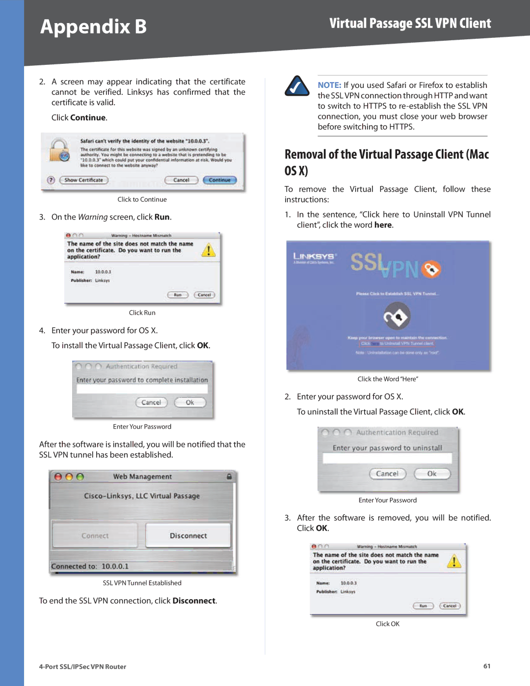 Cisco Systems RVL200 manual Removal of the Virtual Passage Client Mac OS, Click Continue 