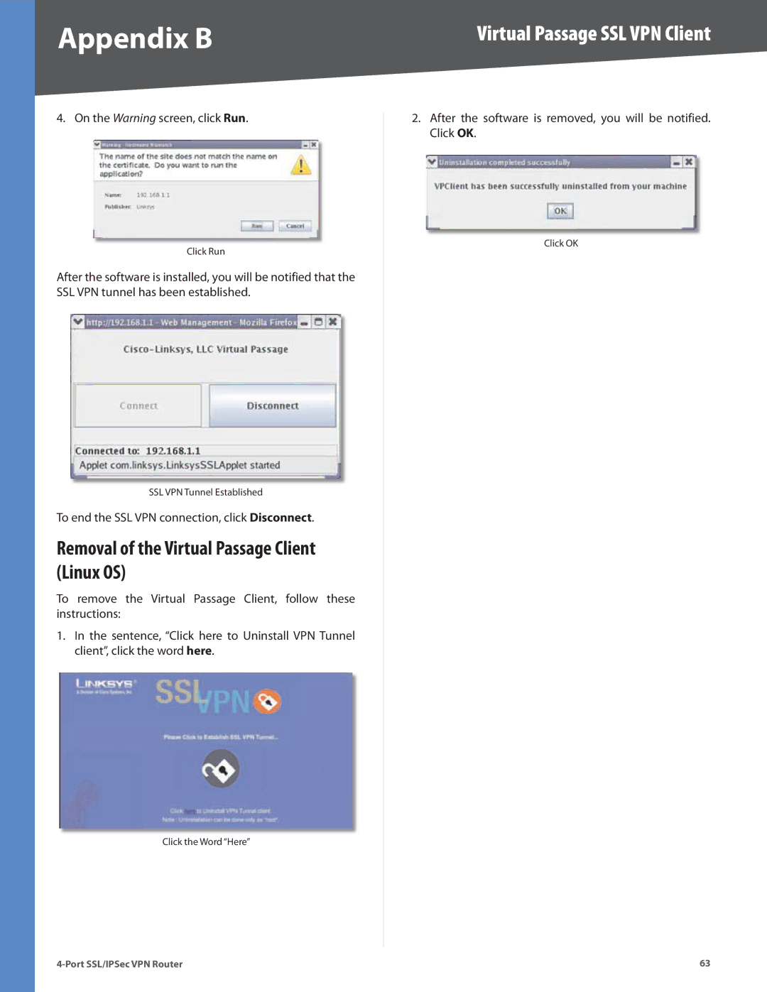 Cisco Systems RVL200 manual Removal of the Virtual Passage Client Linux OS 