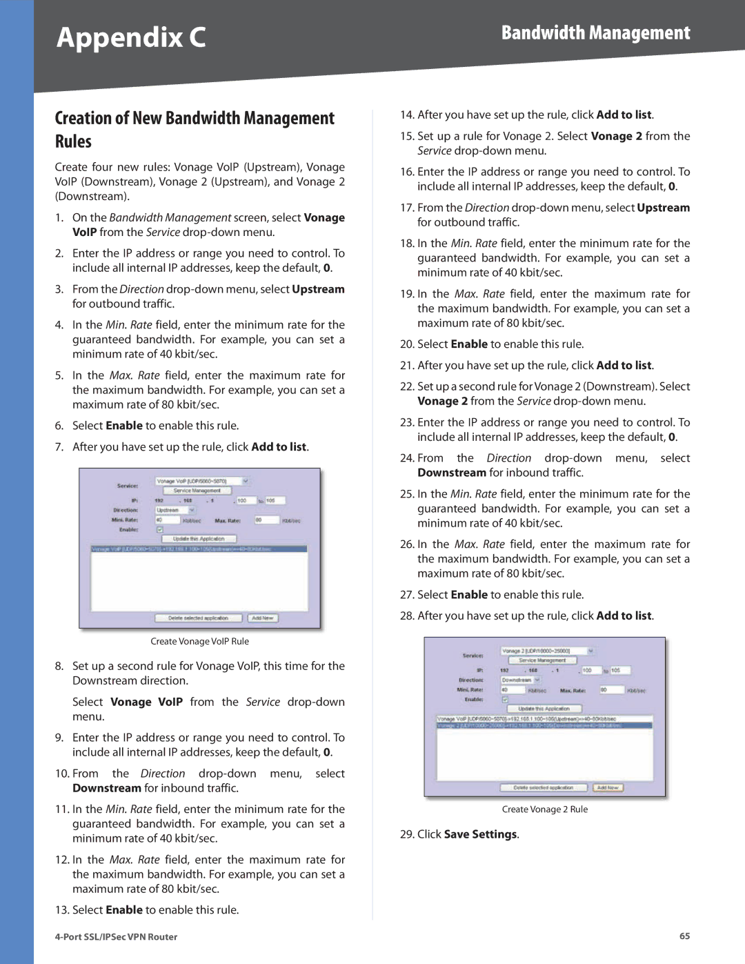 Cisco Systems RVL200 manual Creation of New Bandwidth Management Rules, Click Save Settings 