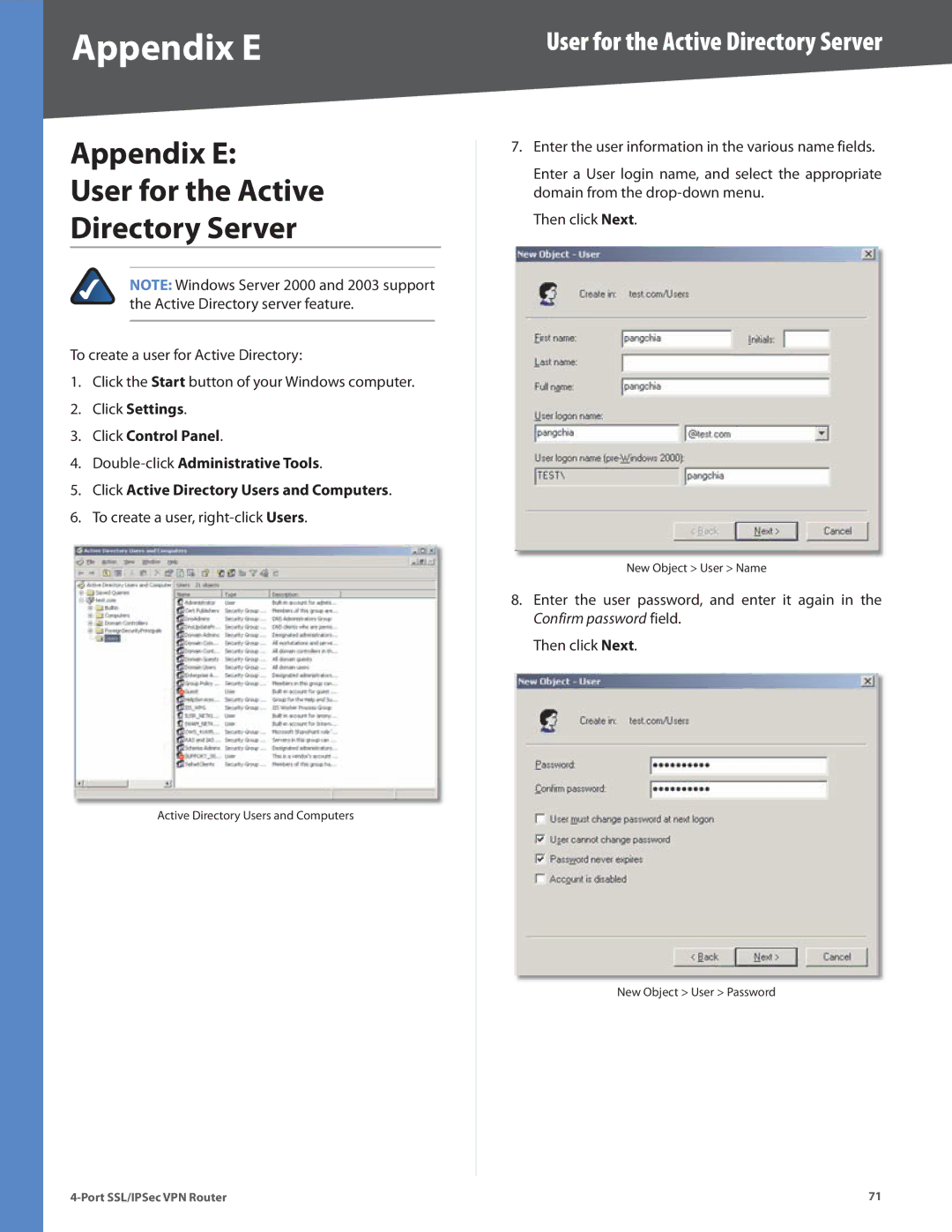 Cisco Systems RVL200 manual Appendix E User for the Active Directory Server 