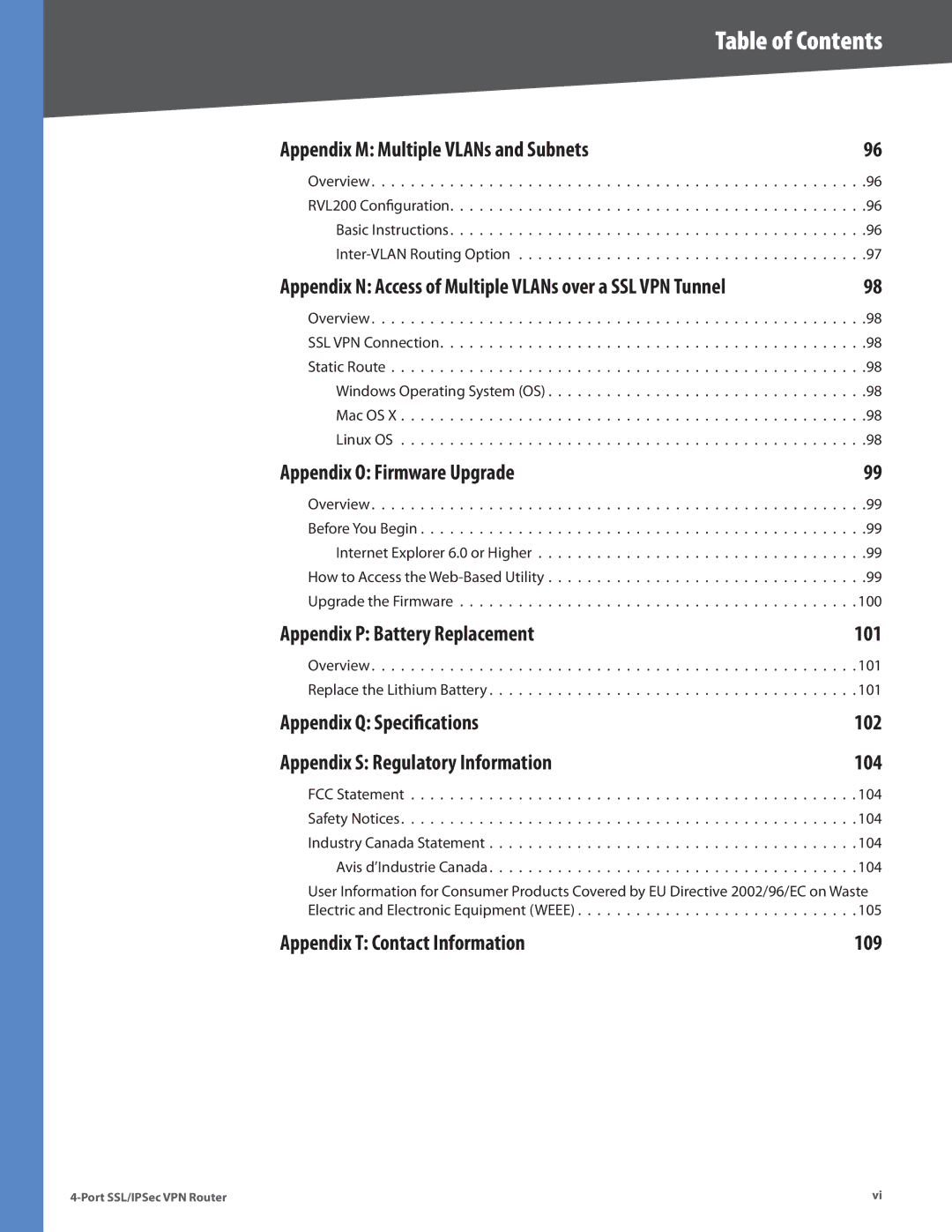 Cisco Systems RVL200 Appendix M Multiple VLANs and Subnets, Appendix O Firmware Upgrade, Appendix P Battery Replacement 