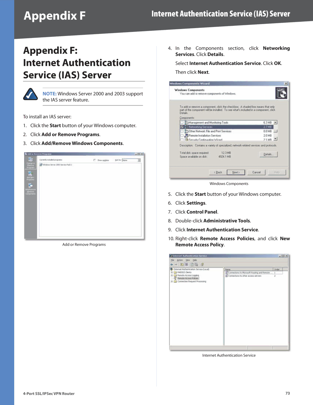 Cisco Systems RVL200 manual Appendix F Internet Authentication Service IAS Server 