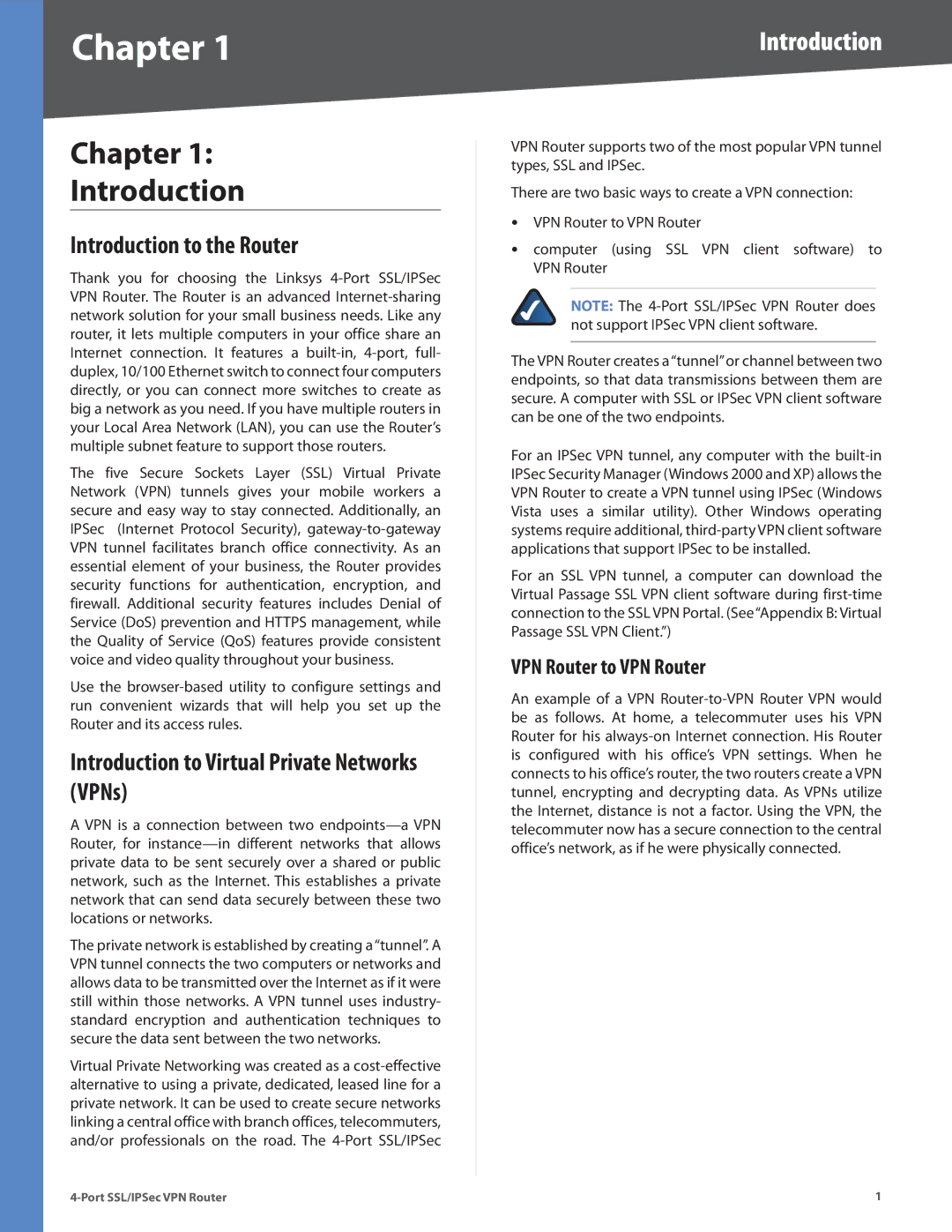 Cisco Systems RVL200 Chapter Introduction, Introduction to the Router, Introduction to Virtual Private Networks VPNs 