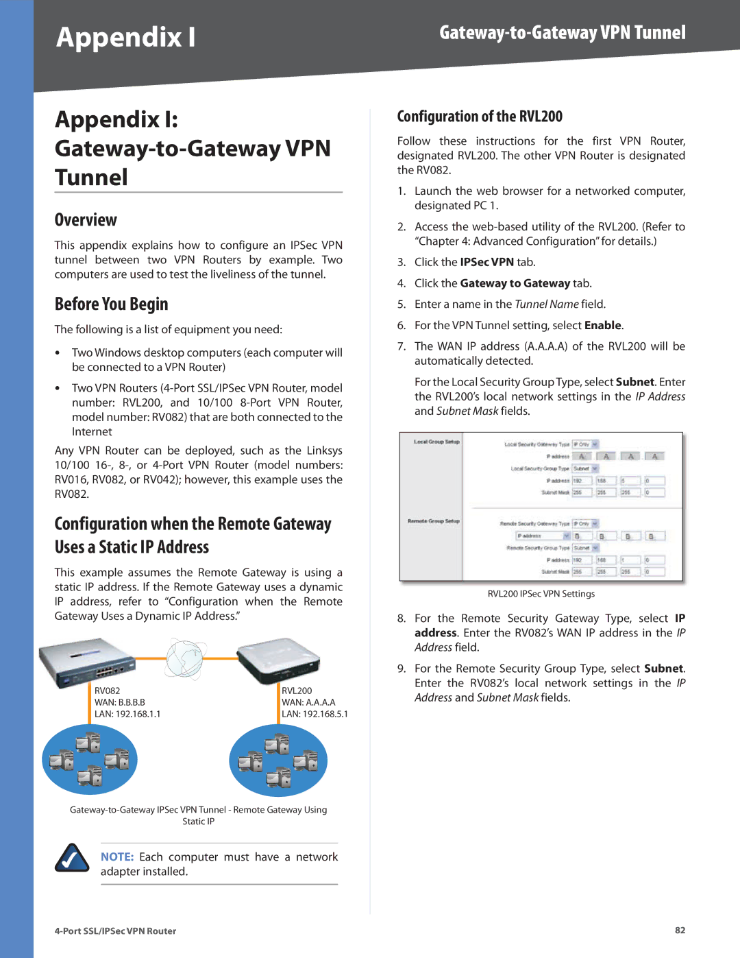 Cisco Systems Appendix Gateway-to-Gateway VPN Tunnel, Configuration of the RVL200, Click the Gateway to Gateway tab 