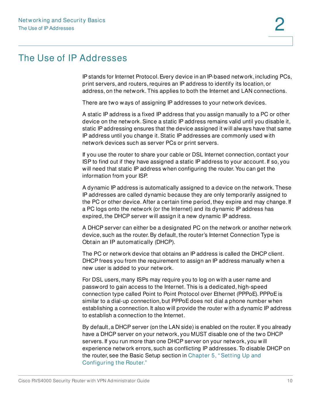 Cisco Systems RVS4000RF manual Use of IP Addresses, Networking and Security Basics, Configuring the Router 