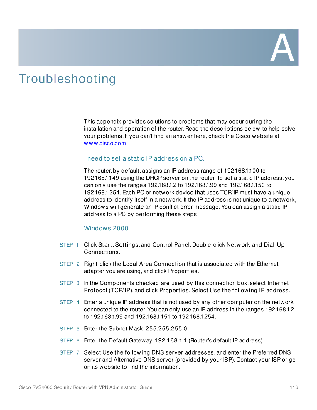 Cisco Systems RVS4000RF manual Troubleshooting, Need to set a static IP address on a PC 