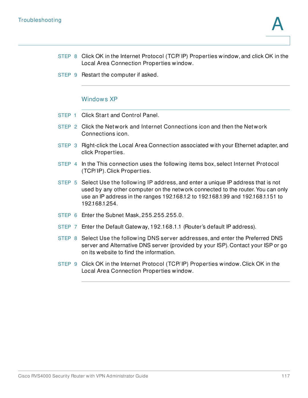 Cisco Systems RVS4000RF manual Windows XP, Troubleshooting 