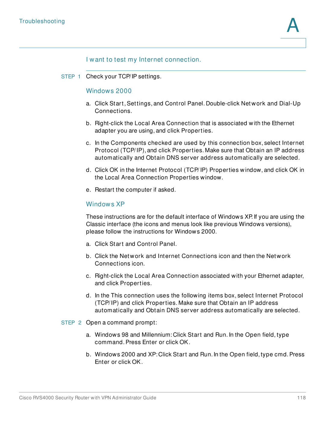 Cisco Systems RVS4000RF manual Want to test my Internet connection, Windows XP 