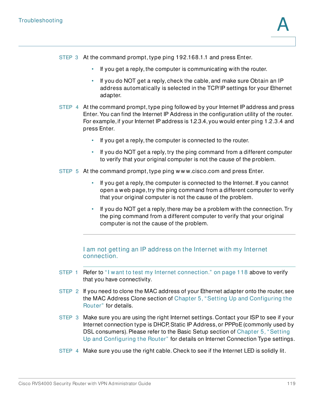 Cisco Systems RVS4000RF manual Troubleshooting 