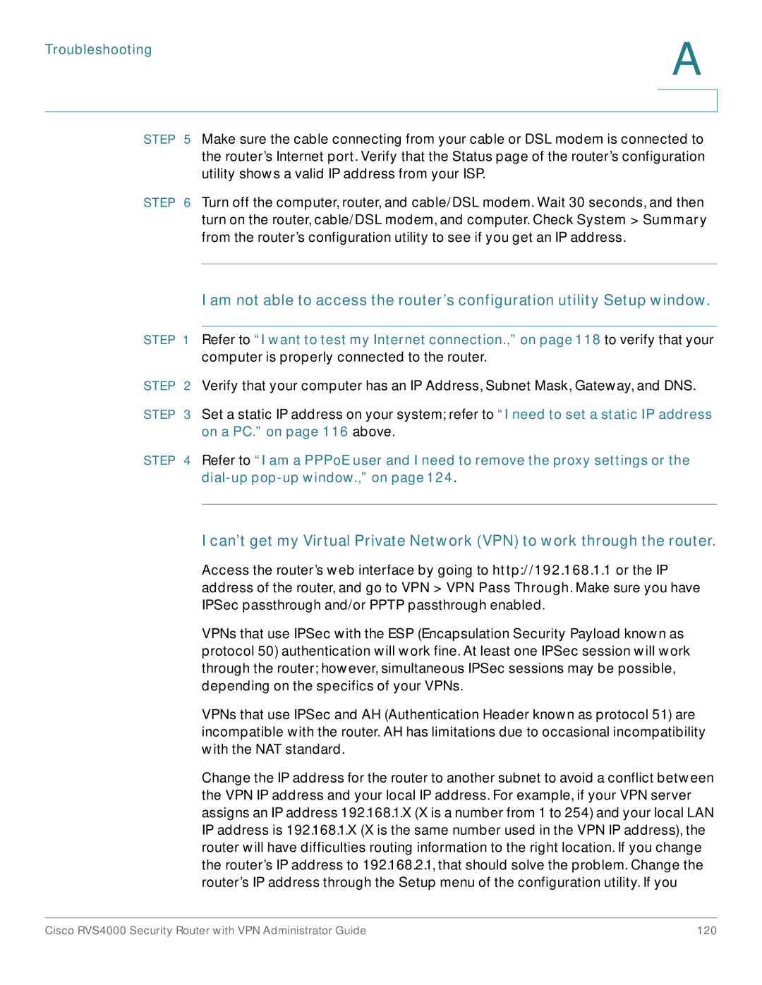 Cisco Systems RVS4000RF manual Troubleshooting 