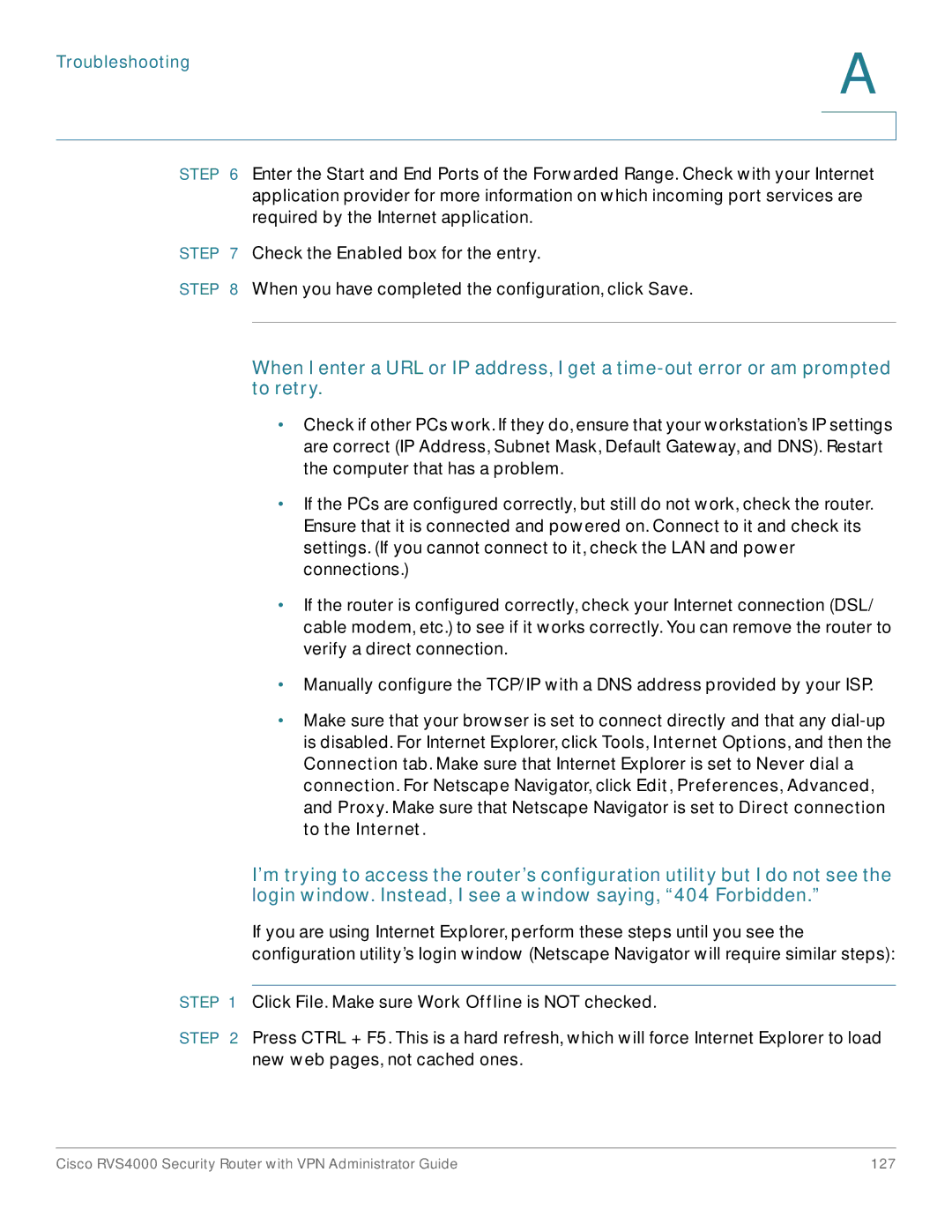 Cisco Systems RVS4000RF manual Troubleshooting 