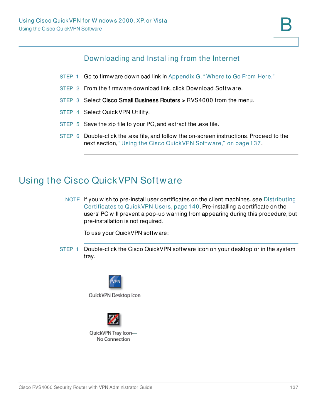 Cisco Systems RVS4000RF manual Using the Cisco QuickVPN Software, Downloading and Installing from the Internet 