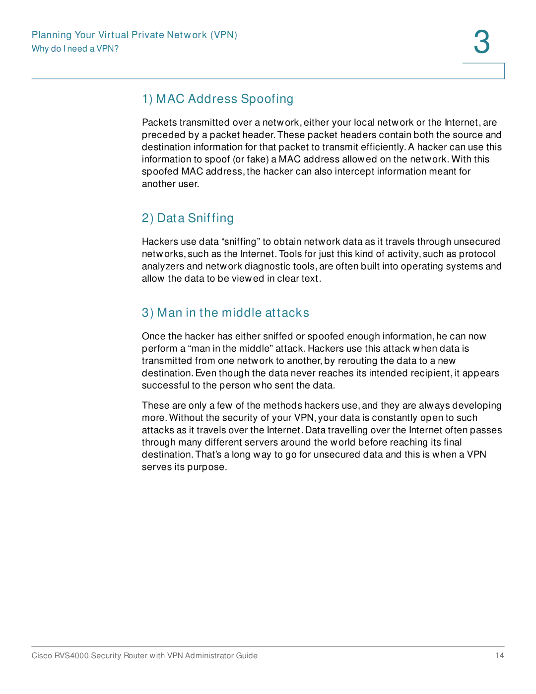 Cisco Systems RVS4000RF manual MAC Address Spoofing, Data Sniffing, Man in the middle attacks 