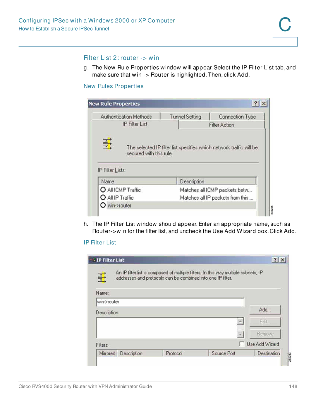 Cisco Systems RVS4000RF manual Filter List 2 router win, New Rules Properties 