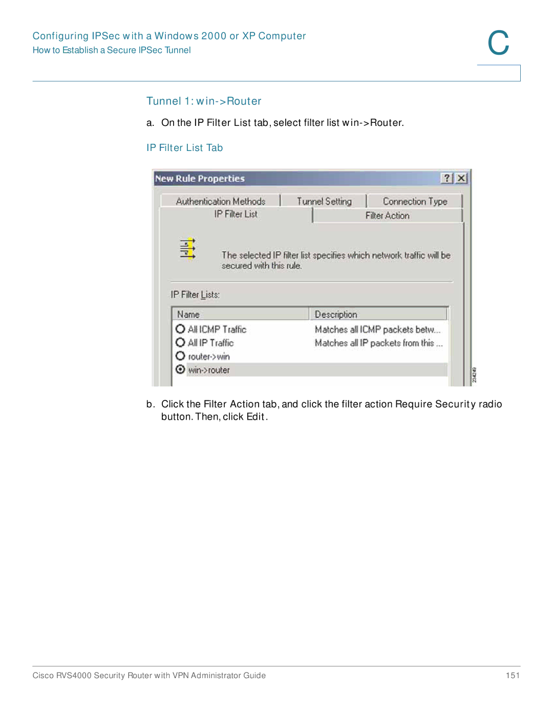 Cisco Systems RVS4000RF manual Tunnel 1 win-Router, IP Filter List Tab 