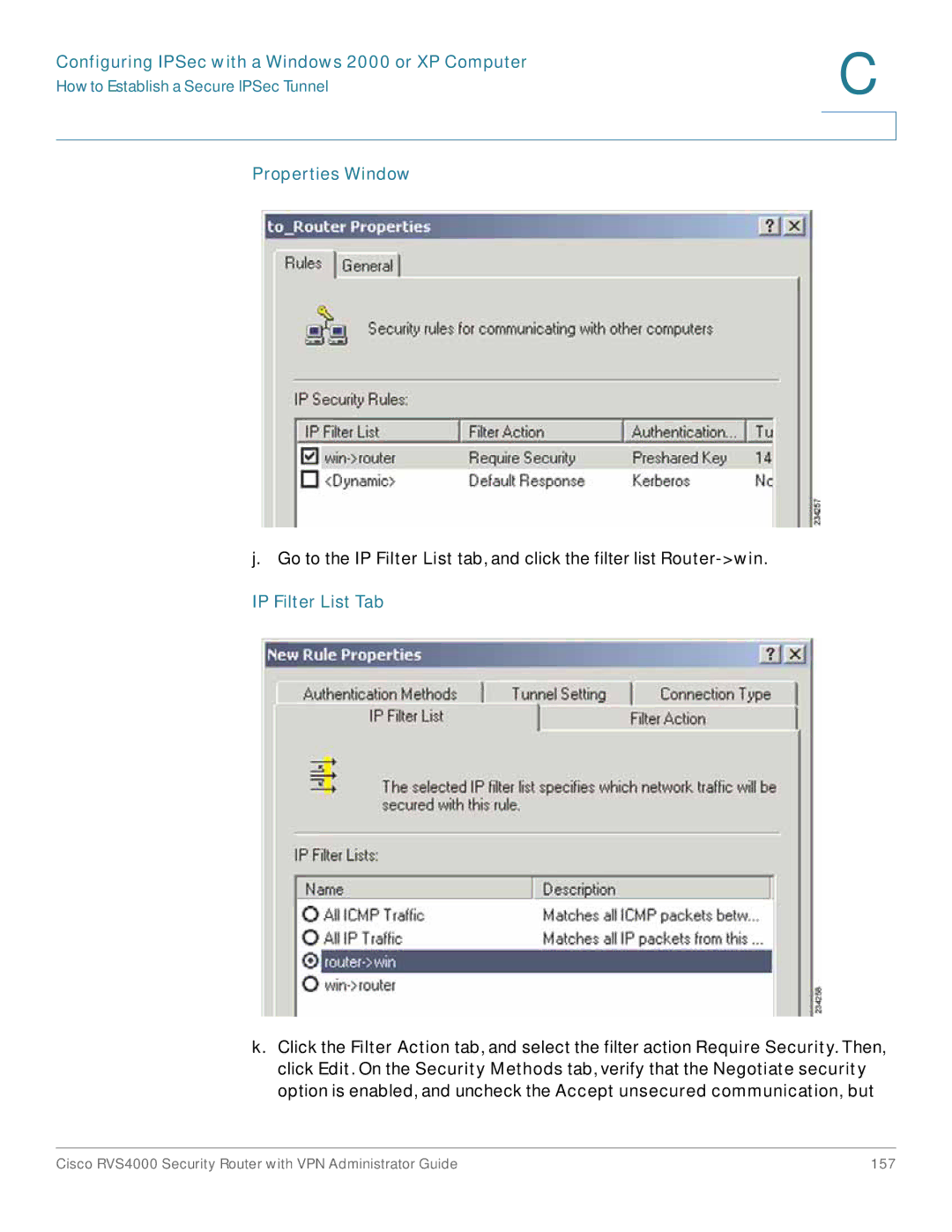 Cisco Systems RVS4000RF manual Properties Window, IP Filter List Tab 