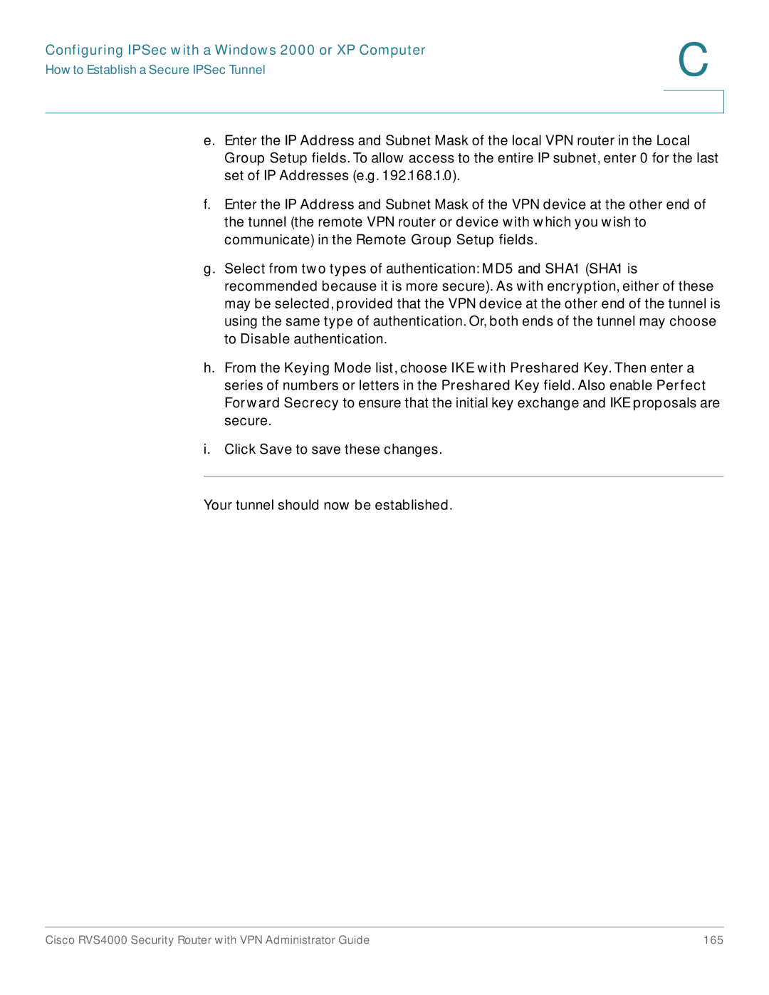 Cisco Systems RVS4000RF manual Configuring IPSec with a Windows 2000 or XP Computer 