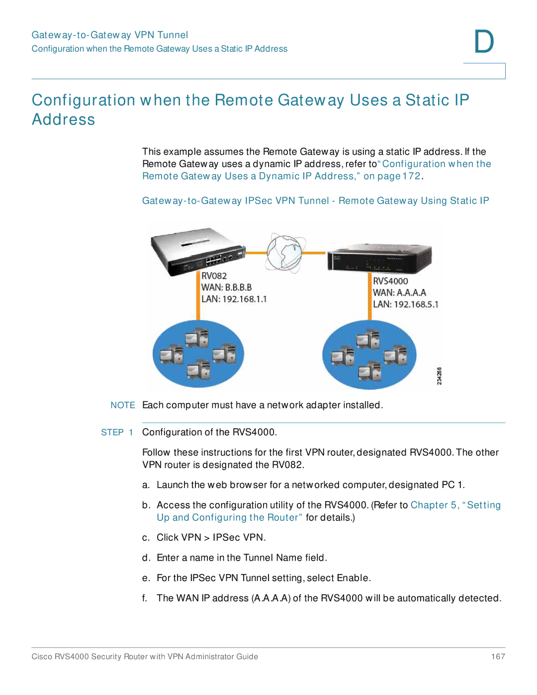 Cisco Systems RVS4000RF manual Gateway-to-Gateway VPN Tunnel, Click VPN IPSec VPN 