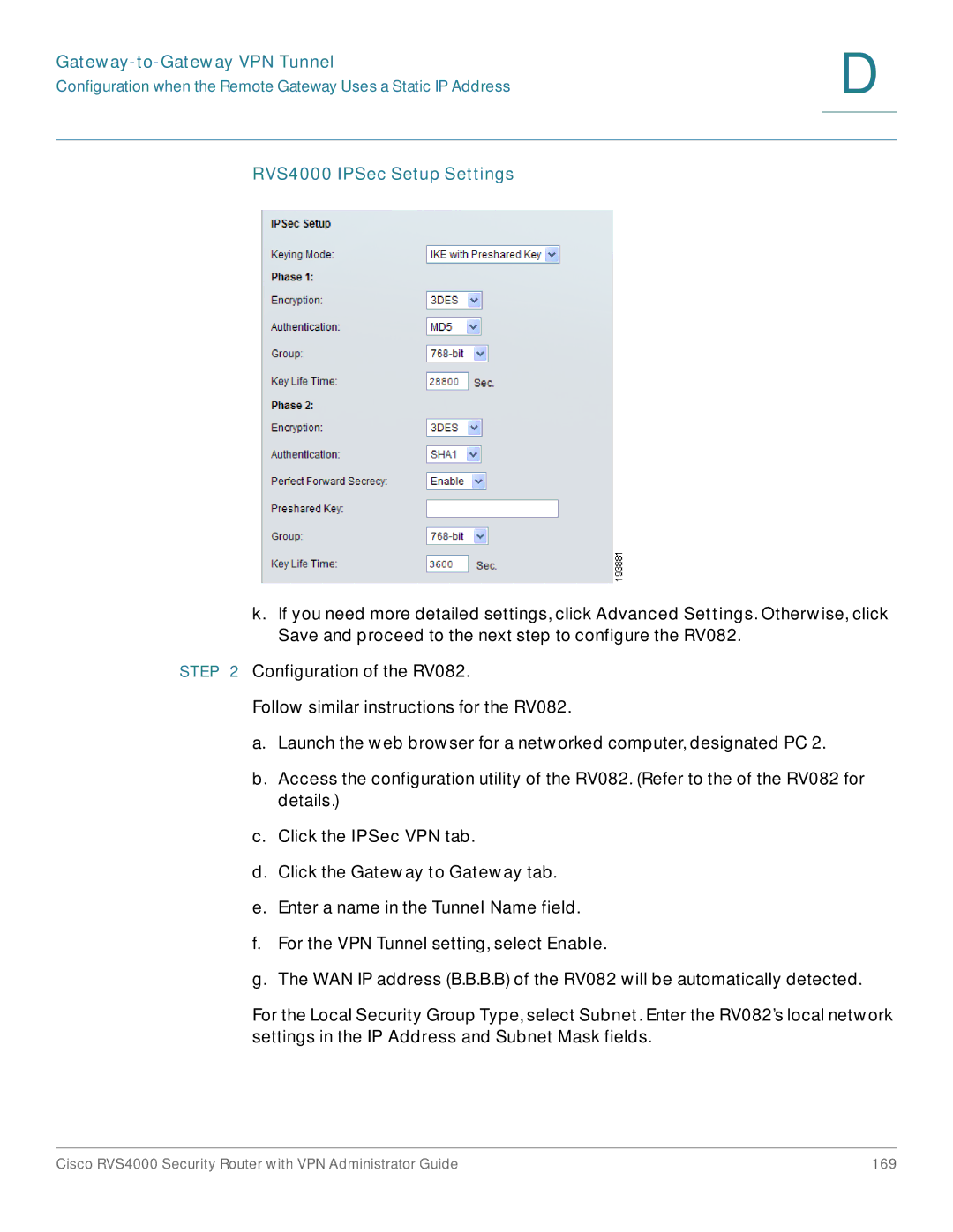 Cisco Systems RVS4000RF manual RVS4000 IPSec Setup Settings, Click the Gateway to Gateway tab 