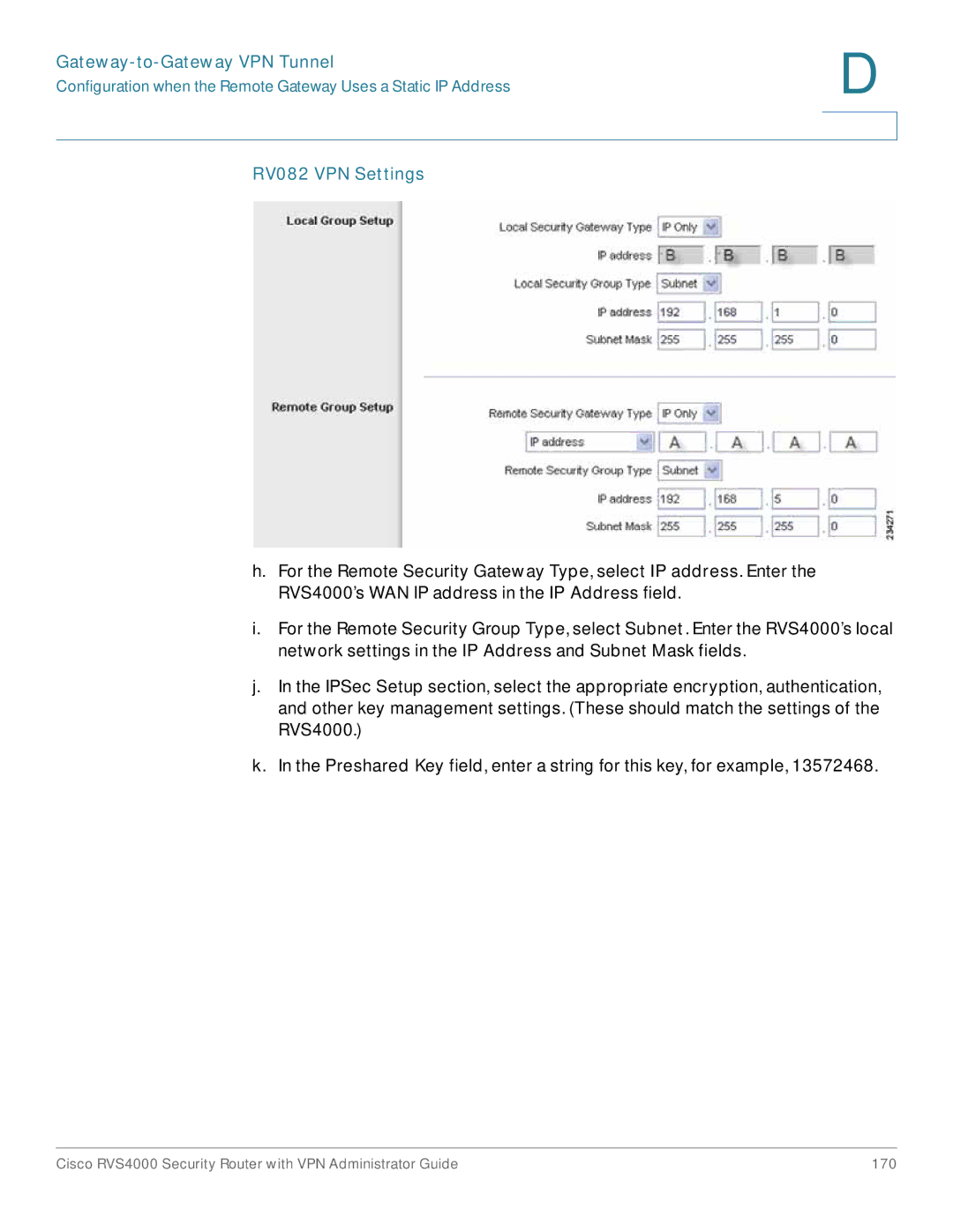 Cisco Systems RVS4000RF manual RV082 VPN Settings 