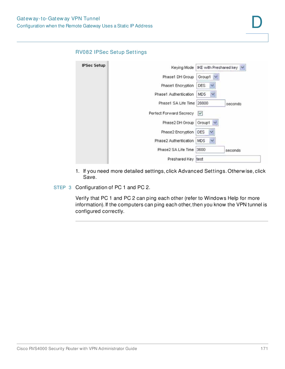 Cisco Systems RVS4000RF manual RV082 IPSec Setup Settings 