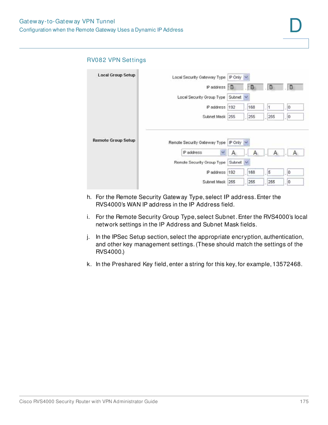 Cisco Systems RVS4000RF manual RV082 VPN Settings 