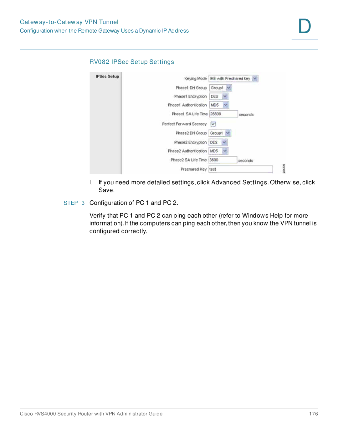 Cisco Systems RVS4000RF manual RV082 IPSec Setup Settings 