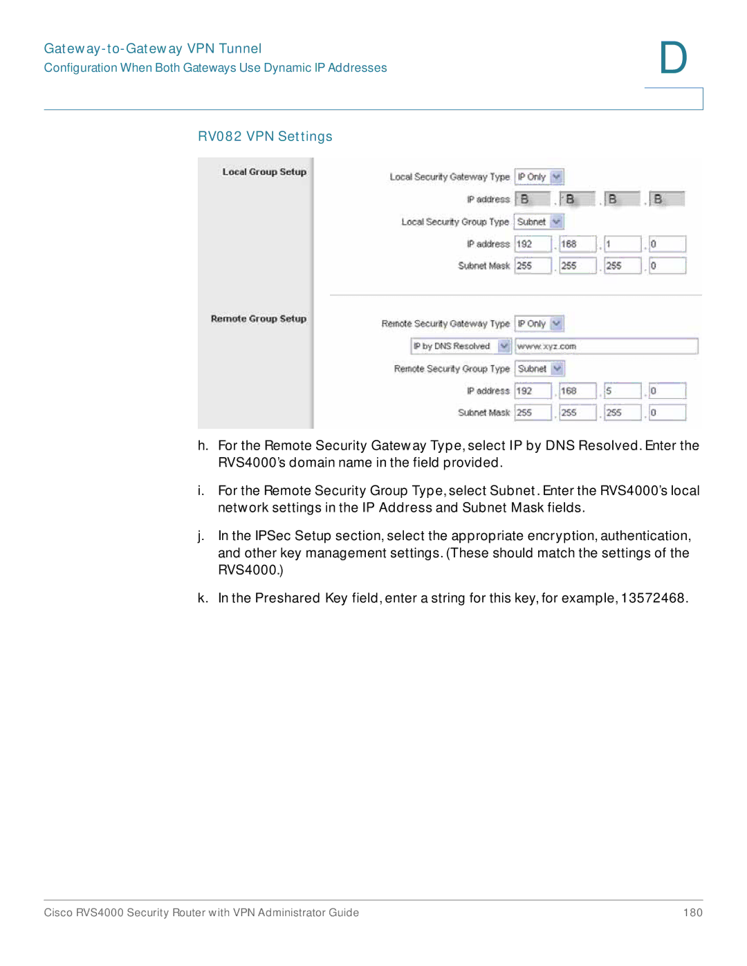 Cisco Systems RVS4000RF manual RV082 VPN Settings 