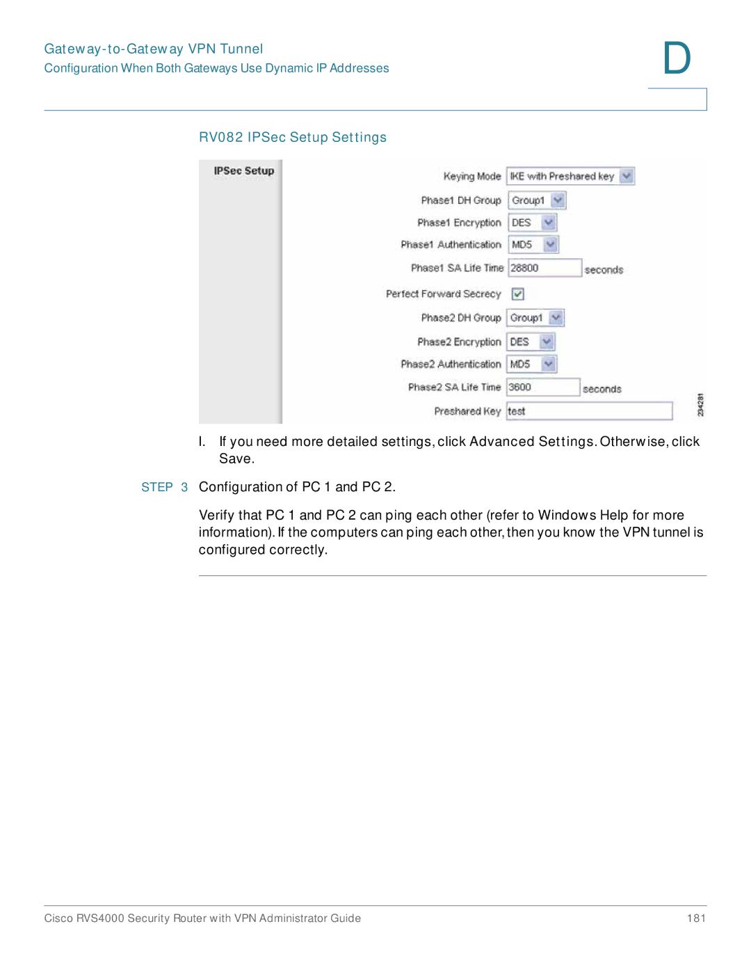 Cisco Systems RVS4000RF manual RV082 IPSec Setup Settings 