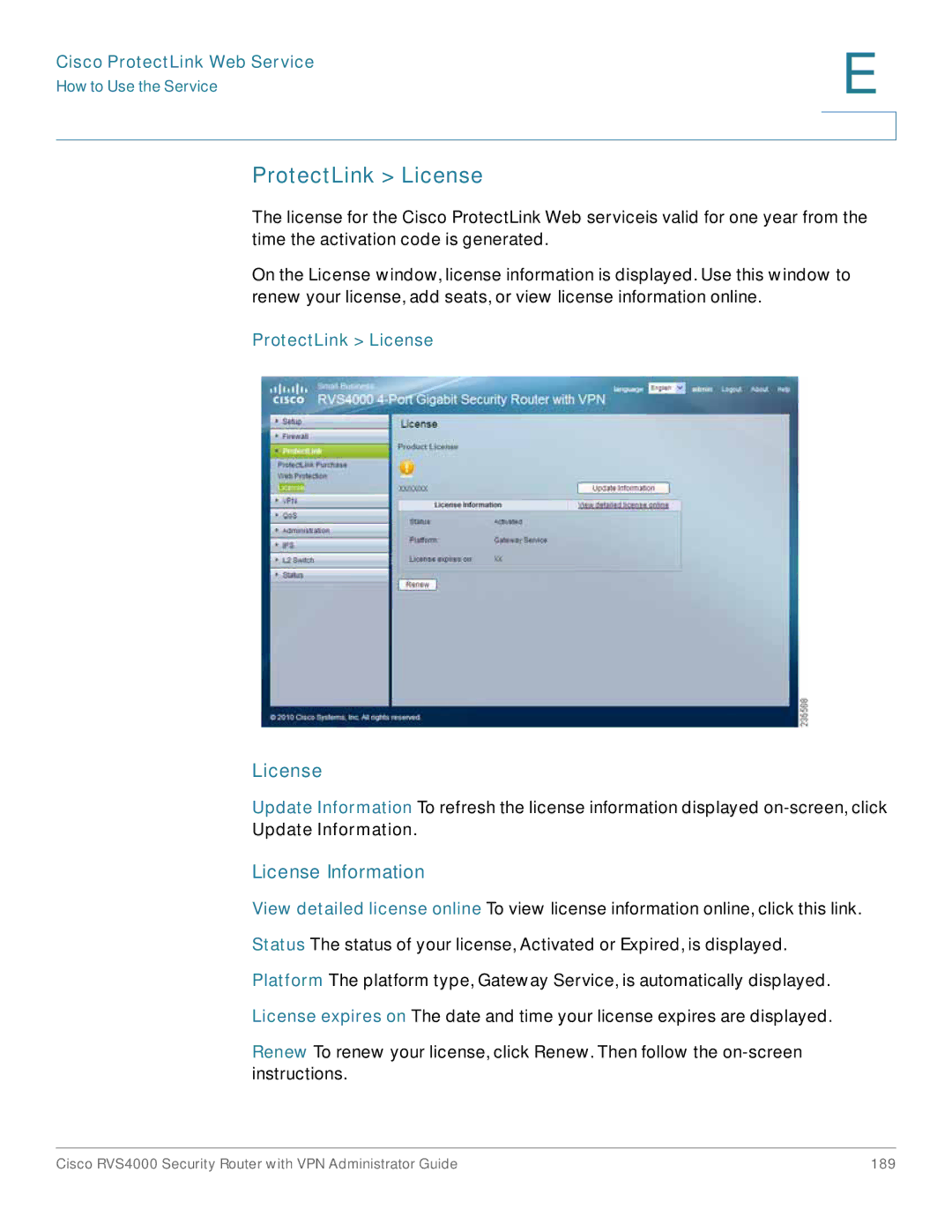 Cisco Systems RVS4000RF manual ProtectLink License 