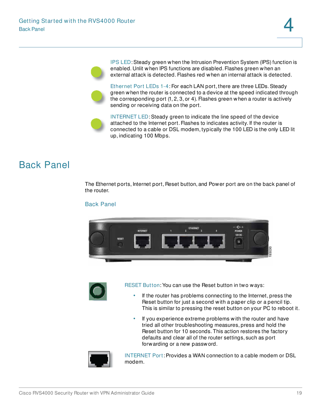 Cisco Systems RVS4000RF manual Back Panel, Getting Started with the RVS4000 Router 