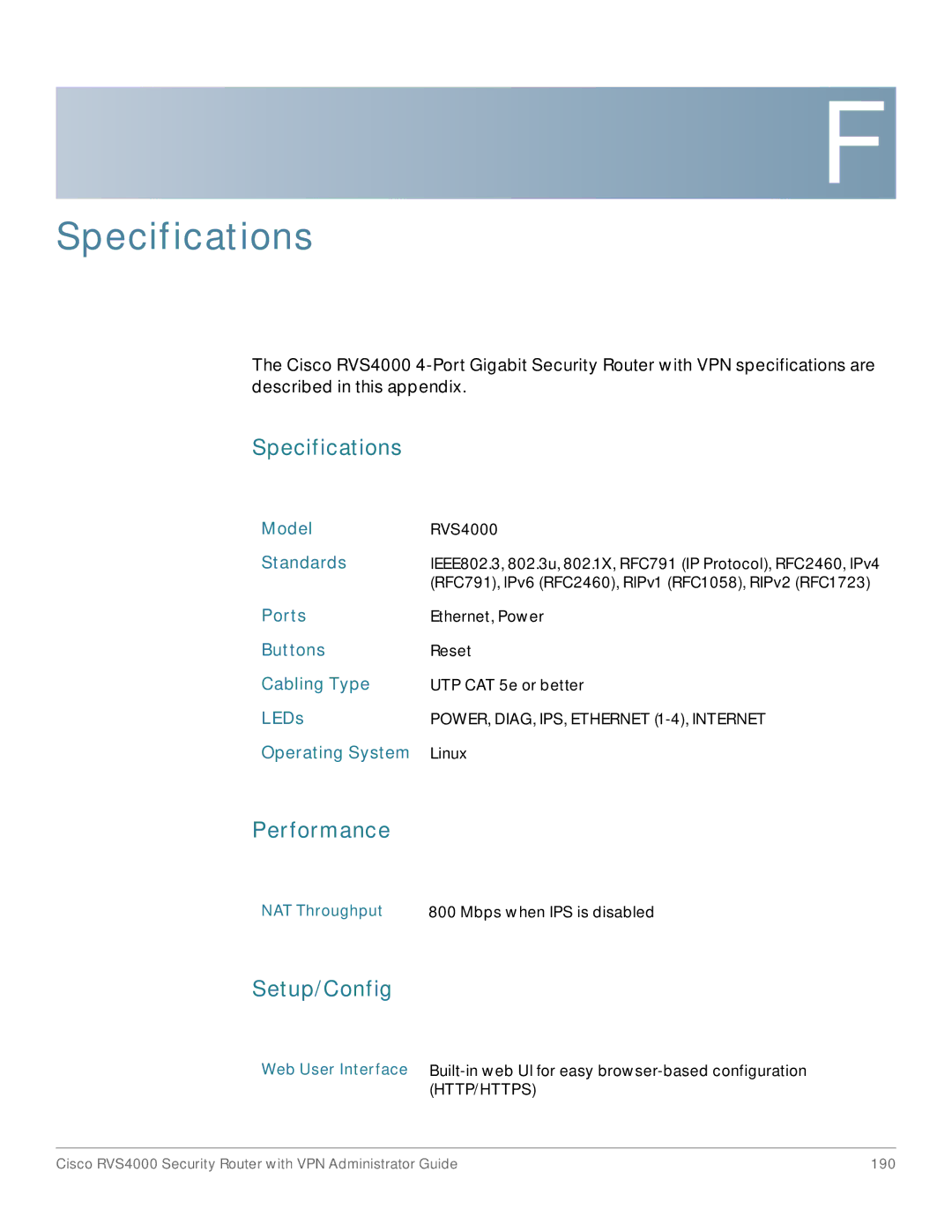 Cisco Systems RVS4000RF manual Specifications, Performance, Setup/Config 