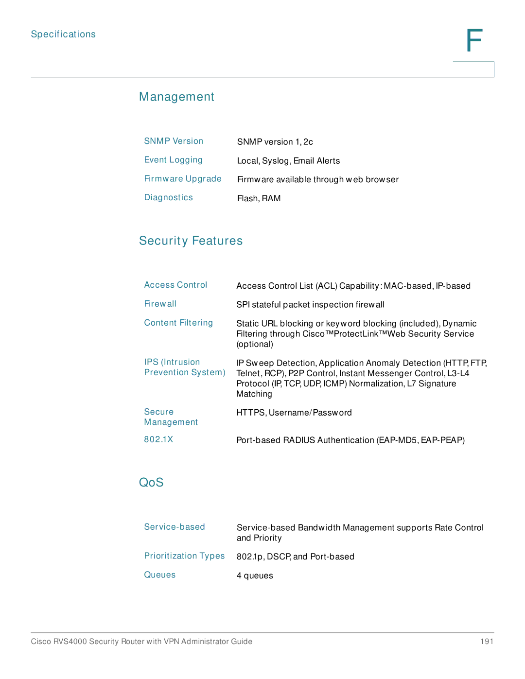 Cisco Systems RVS4000RF manual Management, Security Features, QoS, Specifications 