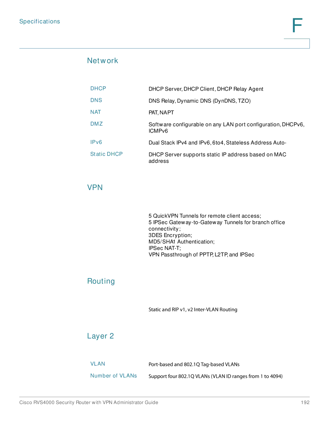 Cisco Systems RVS4000RF manual Network, Routing, Layer 