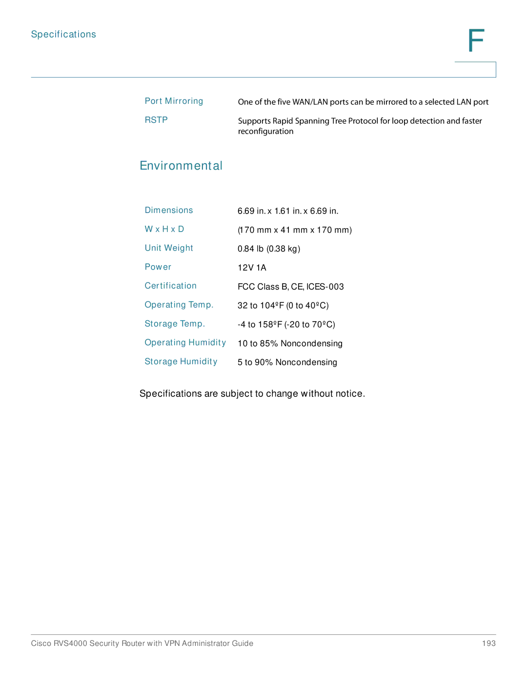 Cisco Systems RVS4000RF manual Environmental 