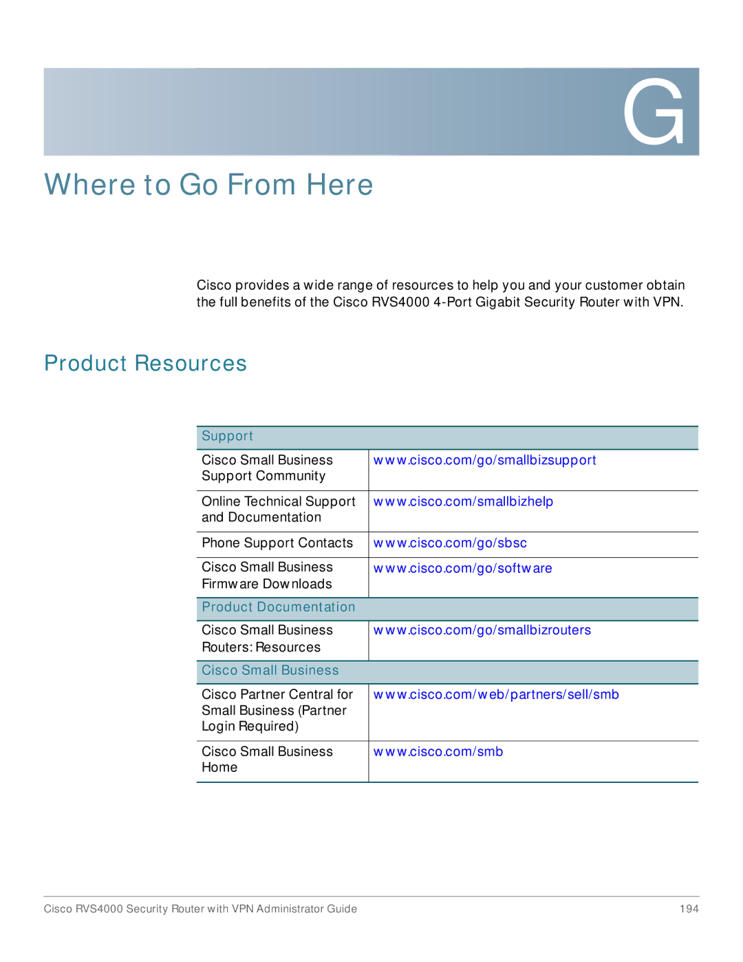 Cisco Systems RVS4000RF manual Product Resources, Support, Product Documentation, Cisco Small Business 