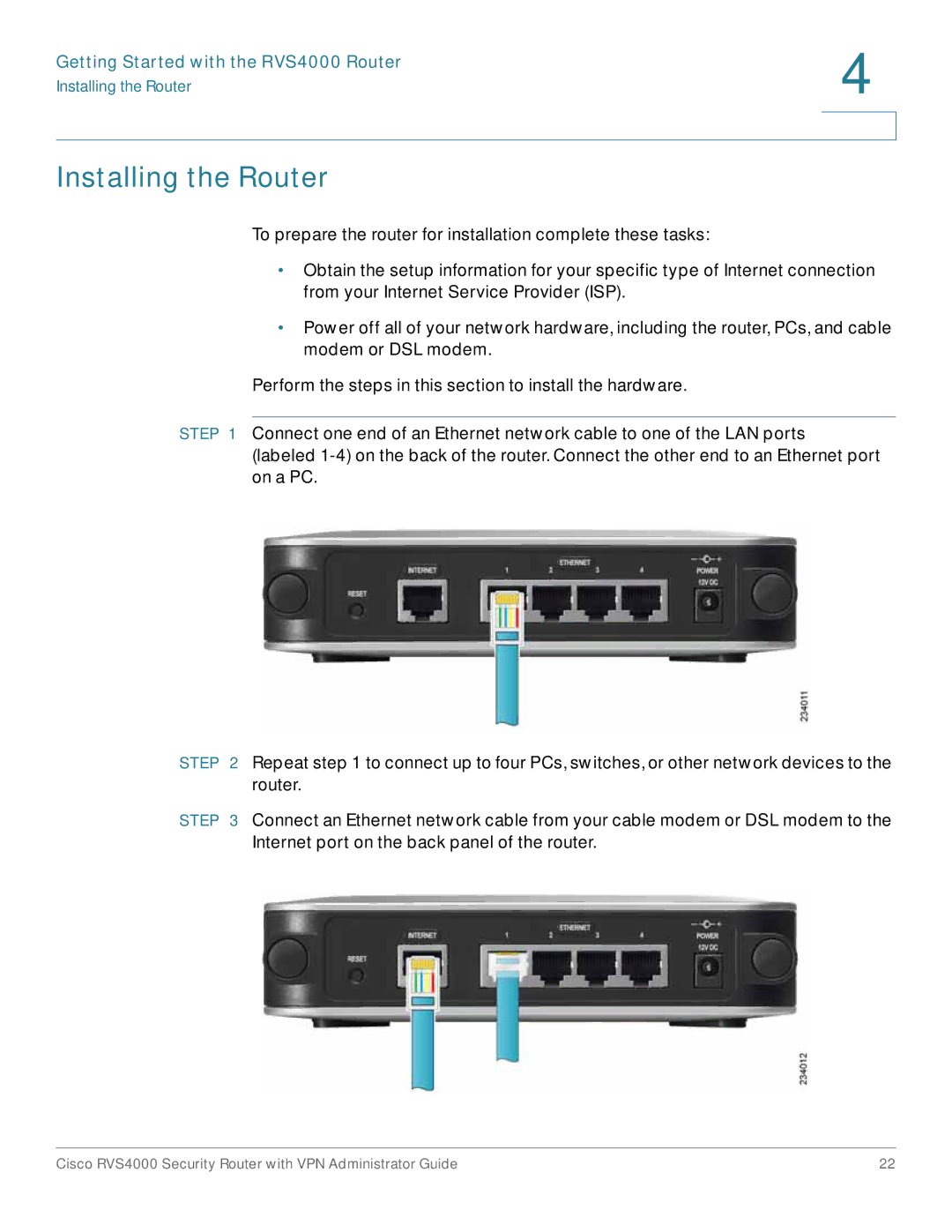 Cisco Systems RVS4000RF manual Installing the Router 