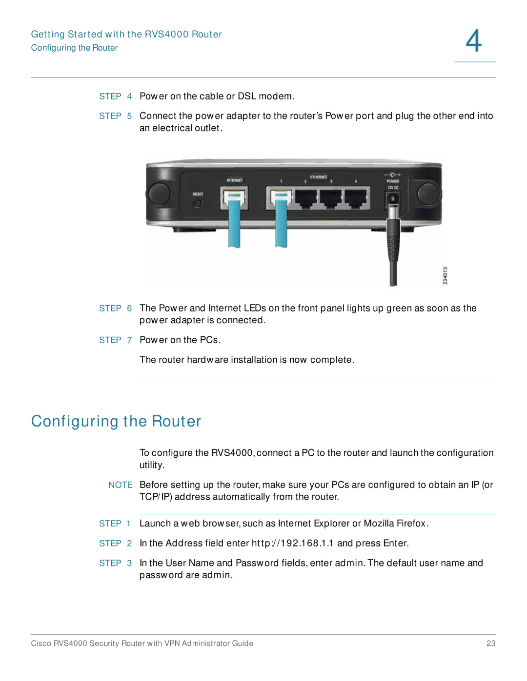 Cisco Systems RVS4000RF manual Configuring the Router 