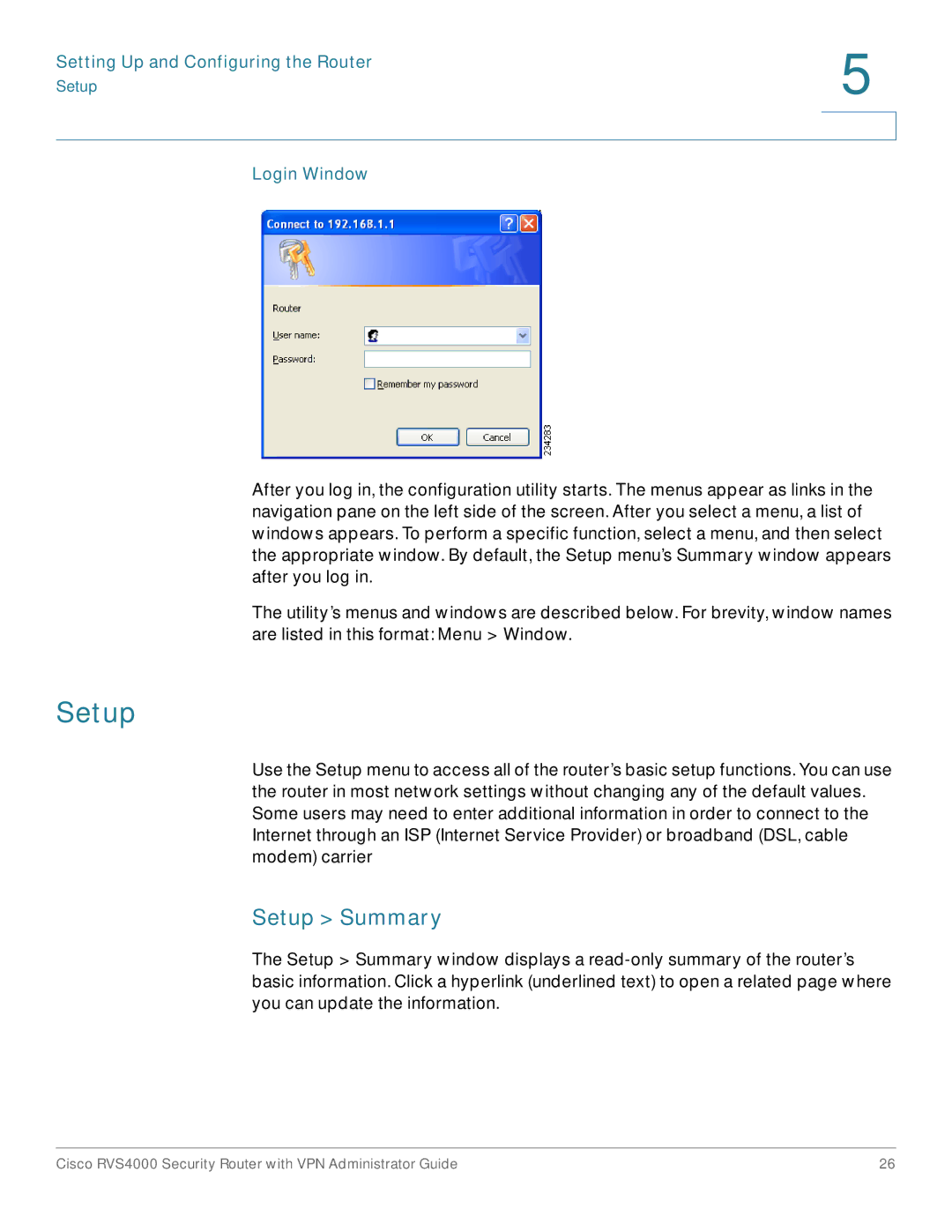 Cisco Systems RVS4000RF manual Setup Summary, Login Window 