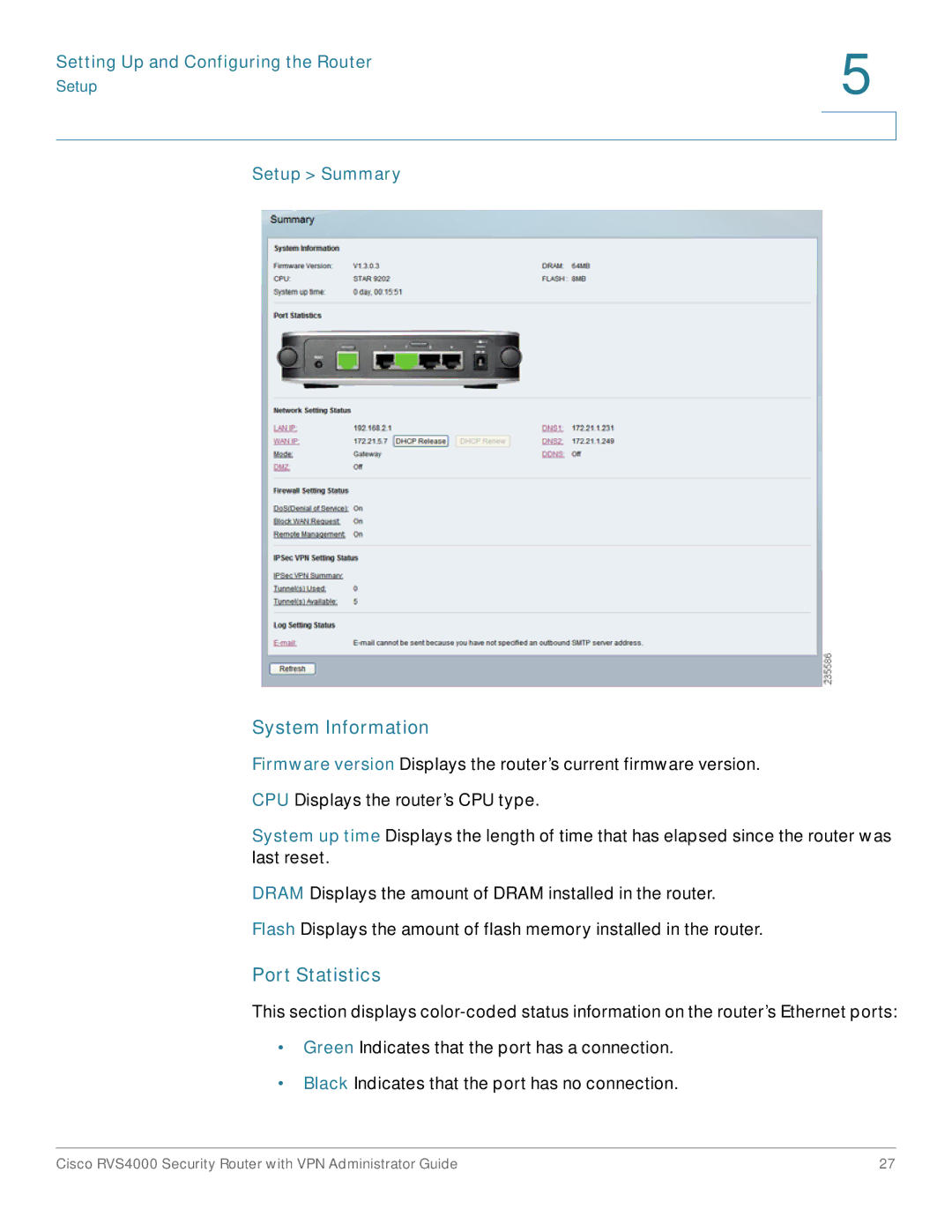 Cisco Systems RVS4000RF manual System Information, Port Statistics, Setup Summary 