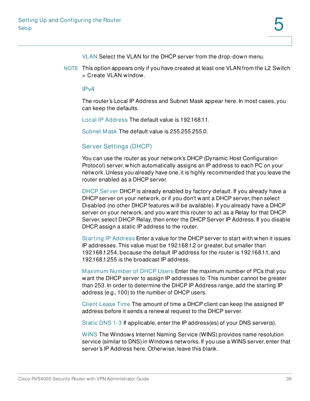 Cisco Systems RVS4000RF manual IPv4, Server Settings Dhcp 