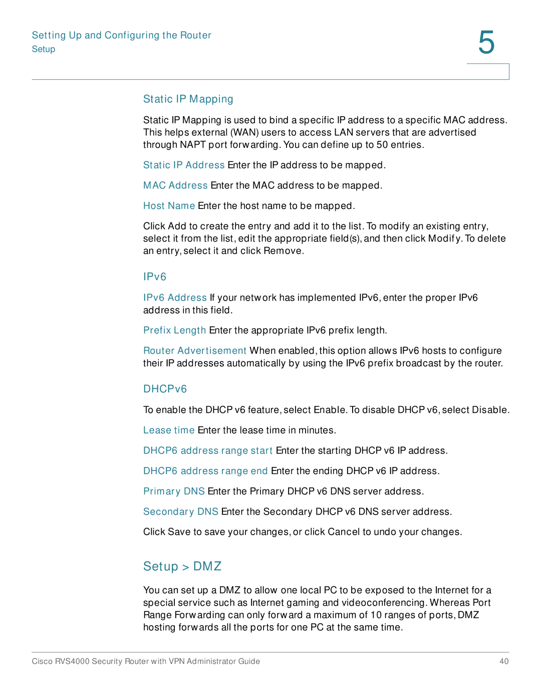 Cisco Systems RVS4000RF manual Setup DMZ, Static IP Mapping, IPv6, DHCPv6 