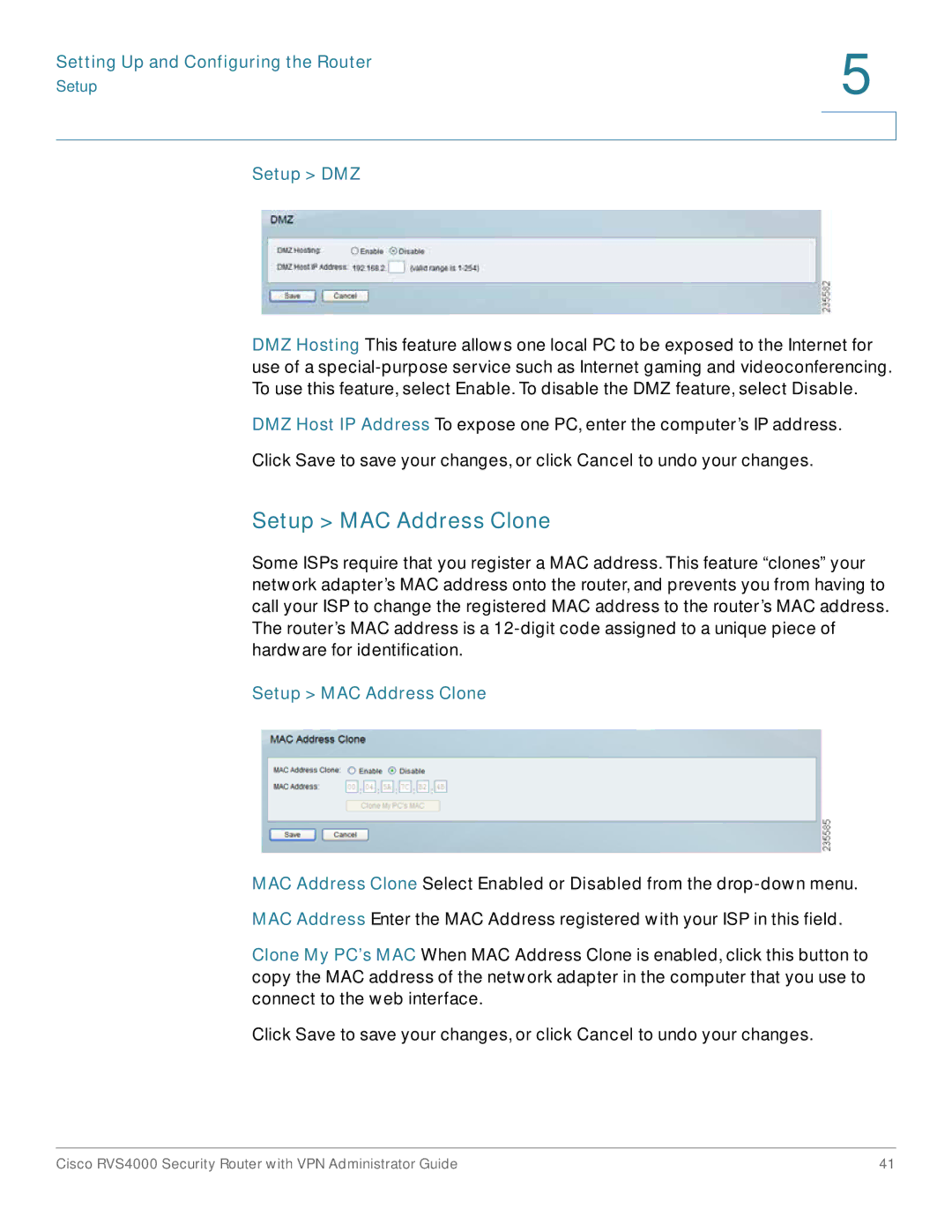 Cisco Systems RVS4000RF manual Setup MAC Address Clone, Setup DMZ 