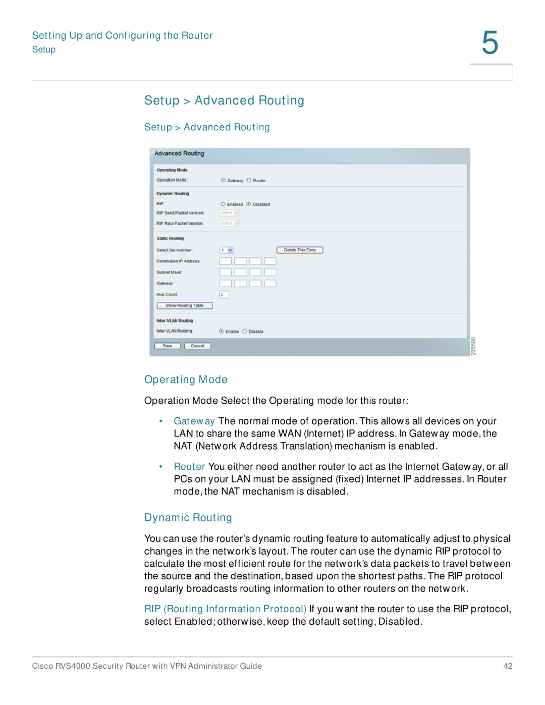 Cisco Systems RVS4000RF manual Setup Advanced Routing, Operating Mode, Dynamic Routing 